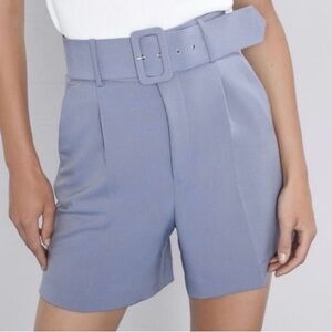 Women's Blue High-Waisted Belted Shorts